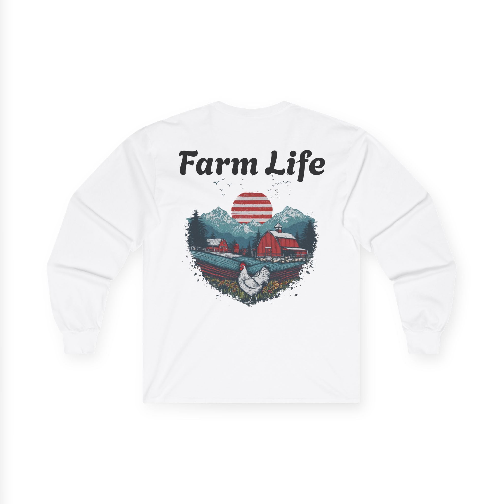 Farm Life Long Sleeve Tee — Rustic Barn & Mountains Graphic